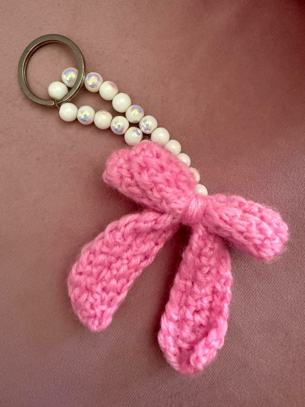 Pink Crochet Bow Beaded Keychain